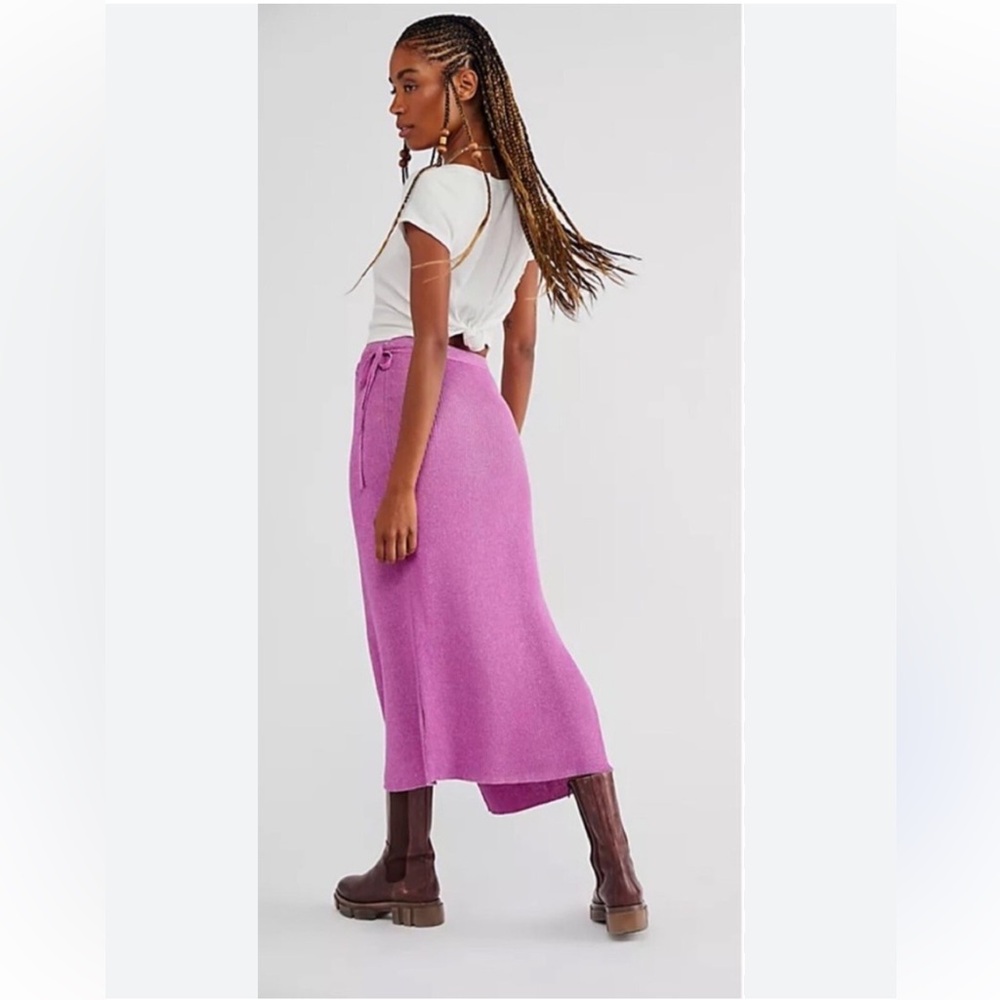 Free People Magenta Borderline Ribbed Knit Wrap Midi Skirt NWOT - Picture 2 of 8